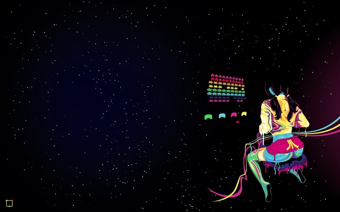 Girl playing Space Invaders in space