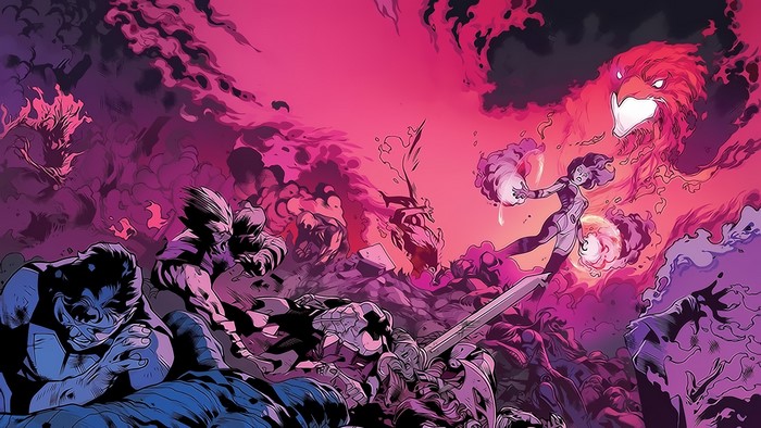 Jean Grey from X-Men fighting a Phoenix bird