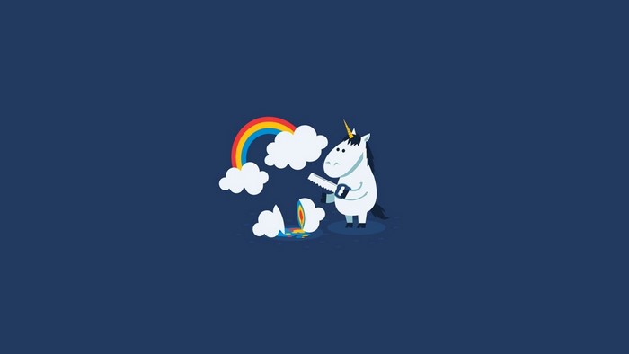 Unicorn cutting a rainbow with a saw