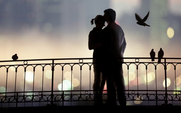 Couple embracing on a bridge with birds and city lights