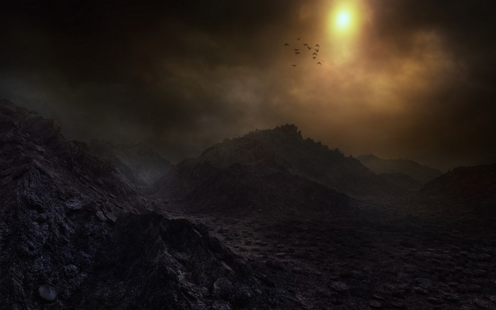 Dark rocky landscape with birds flying towards the sun