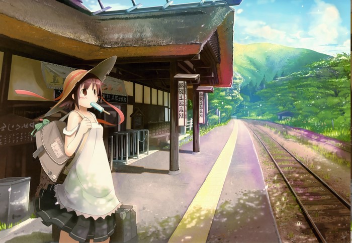 Anime girl with hat eating popsicle at train station