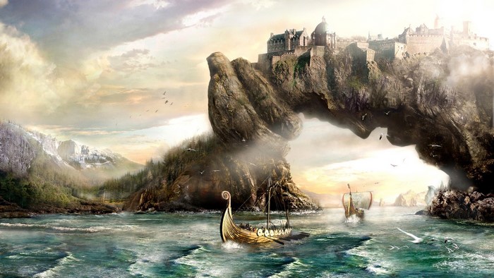 The Elder Scrolls V Skyrim Landscape with Castle and Ships