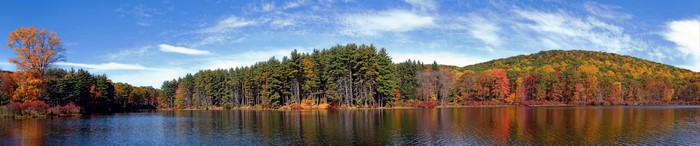 Panoramic autumn landscape with lake and trees