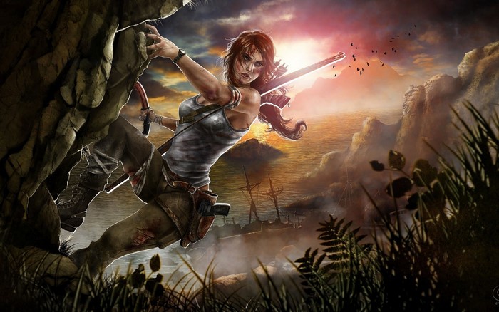 Lara Croft from Tomb Raider climbing a rock face