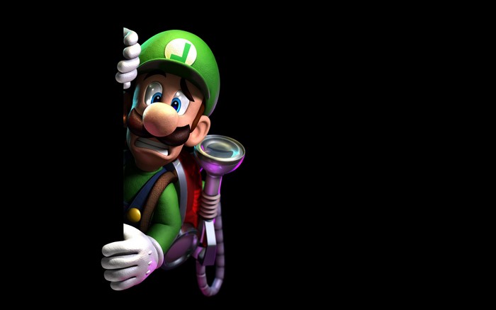 Luigi from Luigi's Mansion peeking from behind a black surface