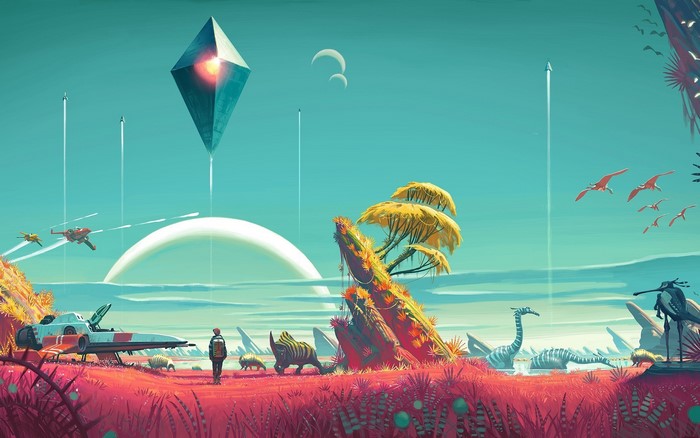 No Man's Sky alien planet with spaceships and creatures