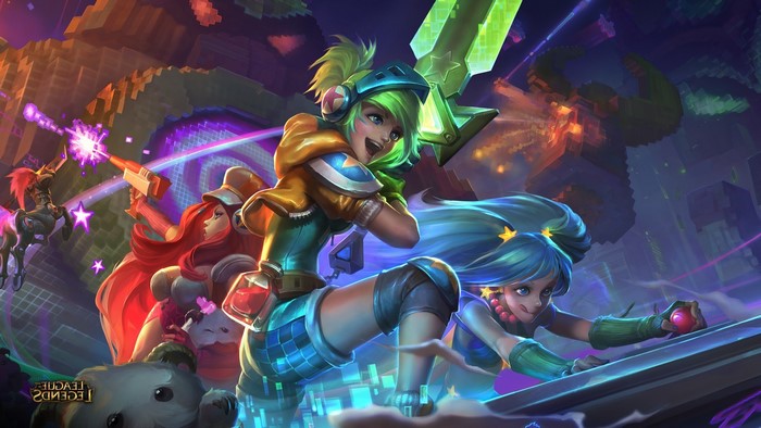 League of Legends Arcade Login Screen with Riven, Miss Fortune, Sona, and Blitzcrank