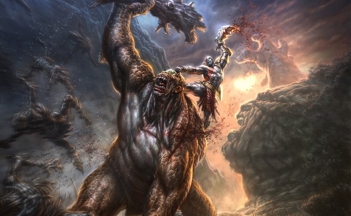 Kratos fighting a cyclops in God of War III