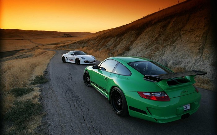 Green and white Porsche cars on a road at sunset