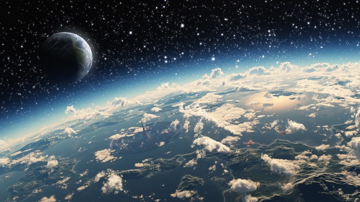 Futuristic space city on an alien planet with Earth in the background