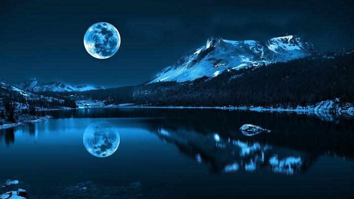 Full Moon Over Mountain Lake at Night