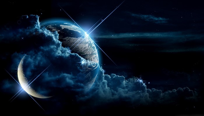 Earth and Moon in Space with Clouds and Stars
