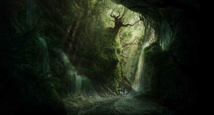 Digital art of a dark, mossy forest with waterfalls and a river