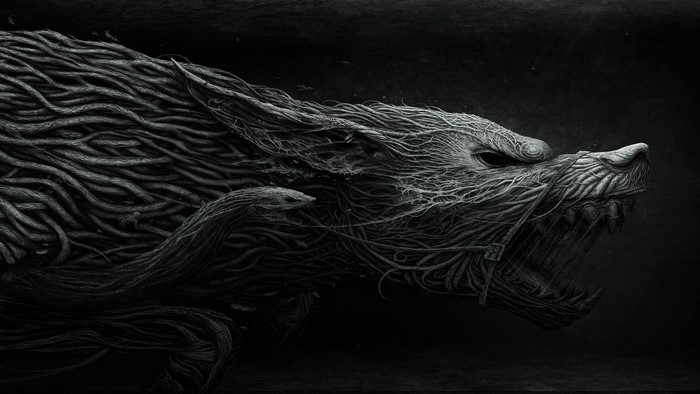 Wolf made of roots in dark forest