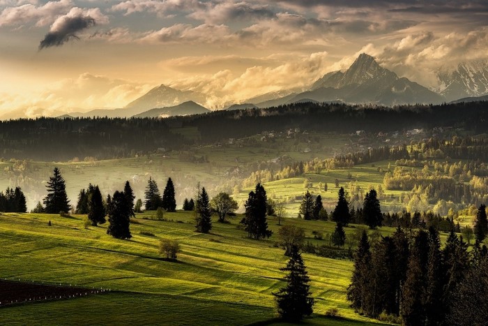 Mountain landscape with forest and village at sunset
