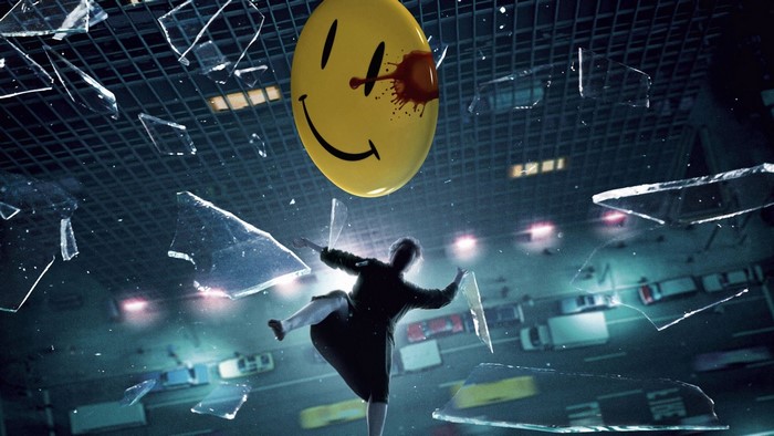 The Comedian from Watchmen falling through broken glass