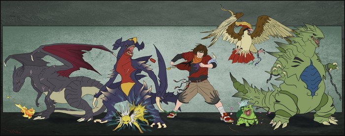 Pokemon trainer with Charizard, Garchomp, Tyranitar, Pidgeot, and others