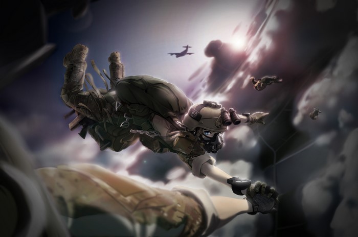 Anime military girls skydiving from airplane