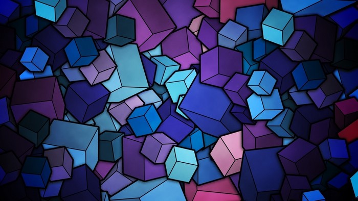 Abstract background of overlapping 3D cubes in shades of blue and purple