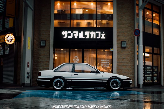 Classic White Toyota AE86 Parked at Night