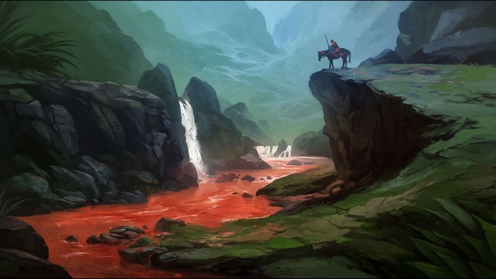 Warrior on horseback overlooking a blood river and waterfalls