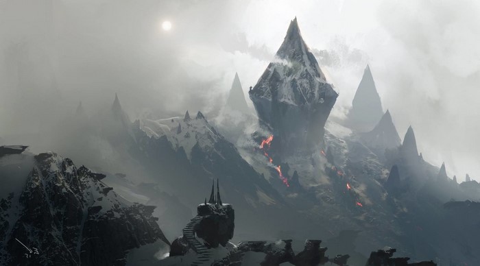 Fantasy mountains with lava and snow