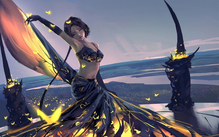 Woman in dark dress with butterflies and glowing elements