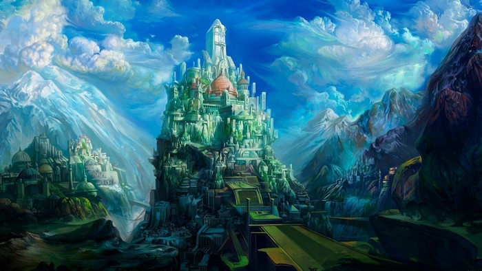 Fantasy castle on a mountain with clouds