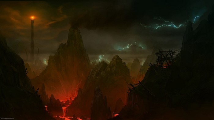 Mordor landscape with Sauron's tower and lava