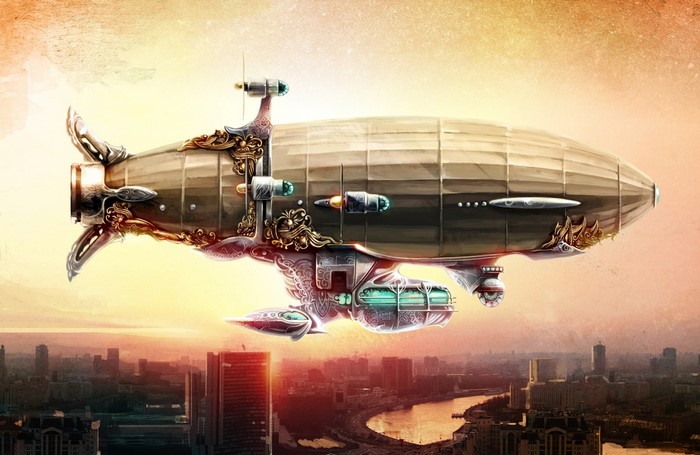 Steampunk zeppelin flying over a city at sunset