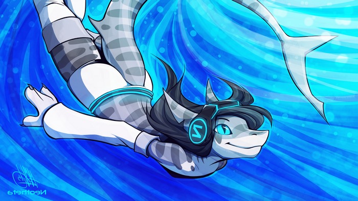 Anthro Shark Character Swimming Underwater