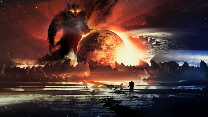 Fantasy art of a creature and planet
