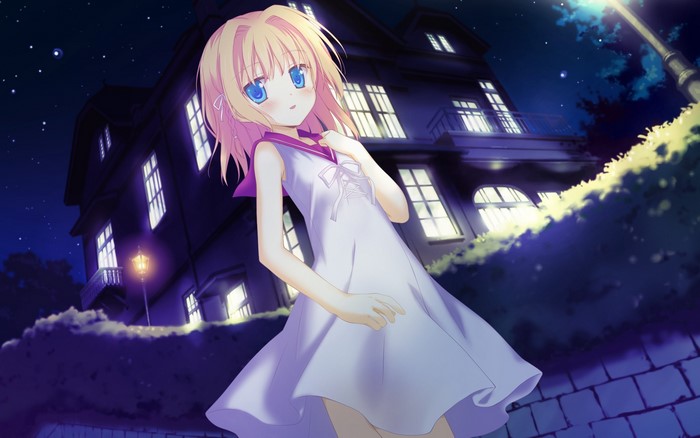 Anime girl with blonde hair and blue eyes at night