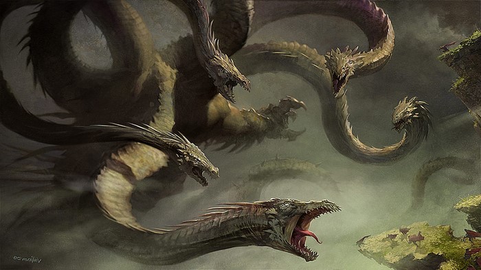 Fantasy art of a multi-headed hydra creature