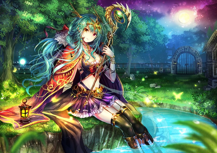 Anime girl with blue hair holding a staff in a magical forest