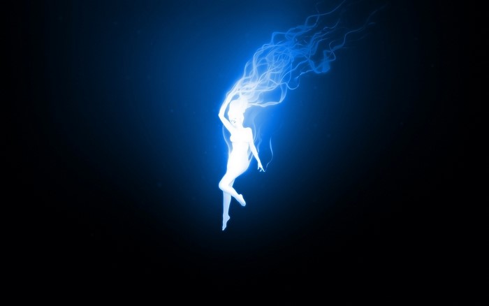 Woman with flowing blue energy hair