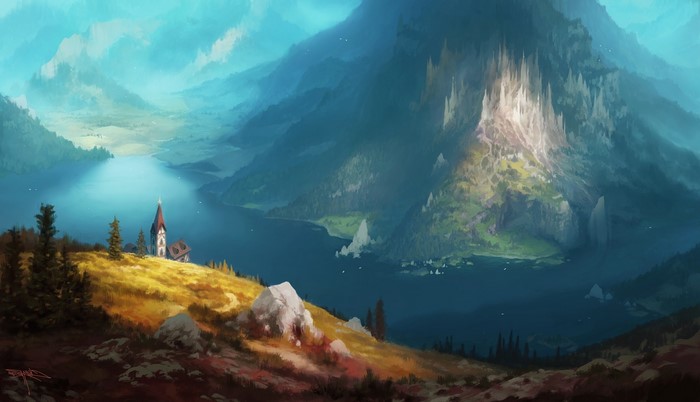 Fantasy landscape painting of mountains, lake, and church