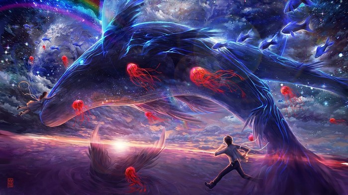 Fantasy art of a whale, jellyfish, and running man