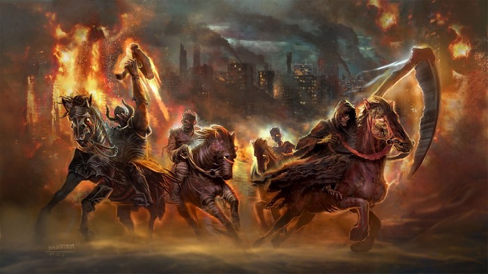 Four Horsemen of the Apocalypse in a burning city