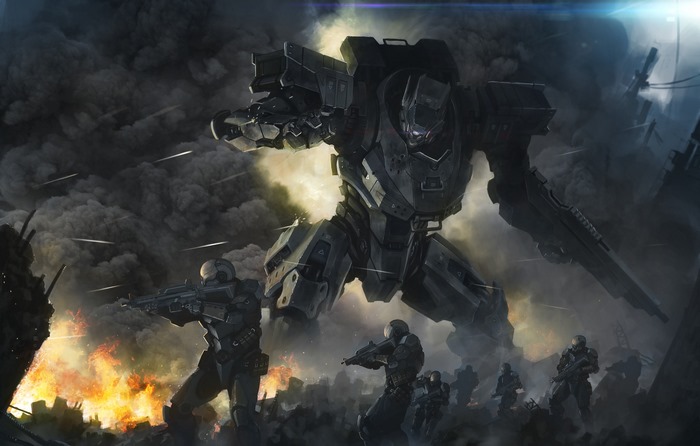 Giant robot and soldiers in a war-torn city
