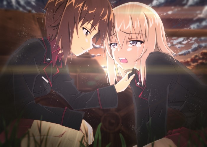 Maho Nishizumi from Girls und Panzer comforts a crying friend