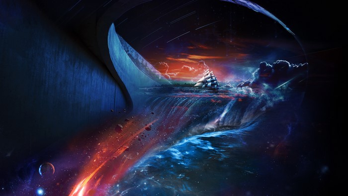 Fantasy art ship waterfall space