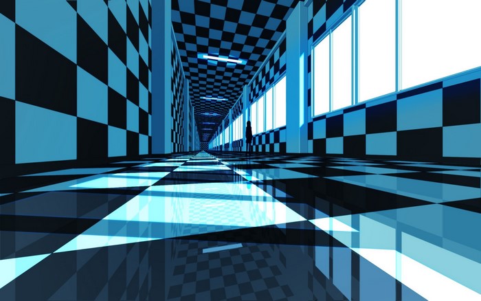 Anime hallway with checkered pattern