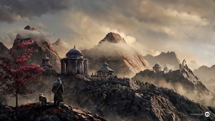 Fantasy warrior with dog and wolf overlooking ancient ruins on a mountain
