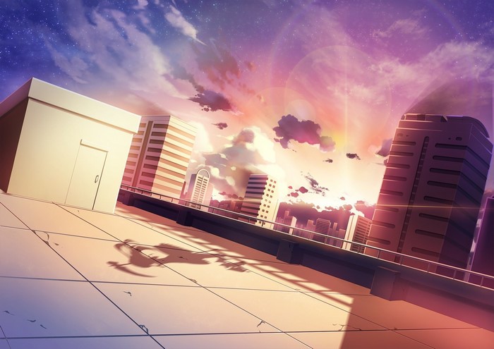 Anime cityscape at sunset with buildings and clouds