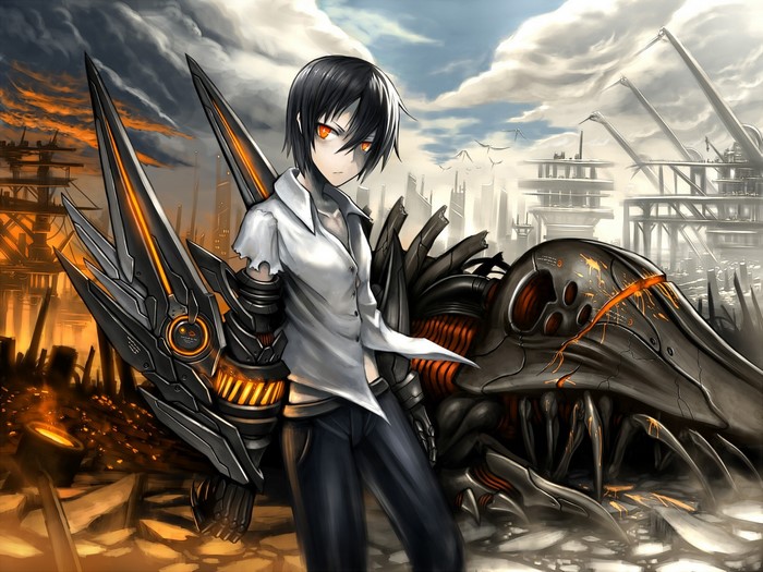 Anime Boy with Mechanical Arm in Futuristic Landscape