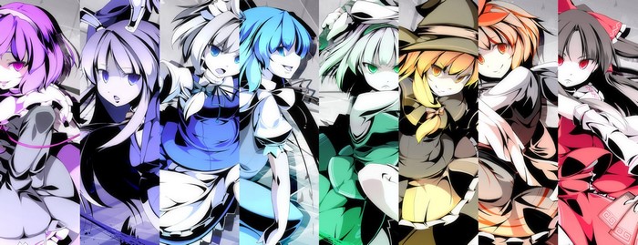 Touhou Project characters: Reimu, Marisa, Cirno, Sakuya, Youmu, Reisen, Satori, Shou