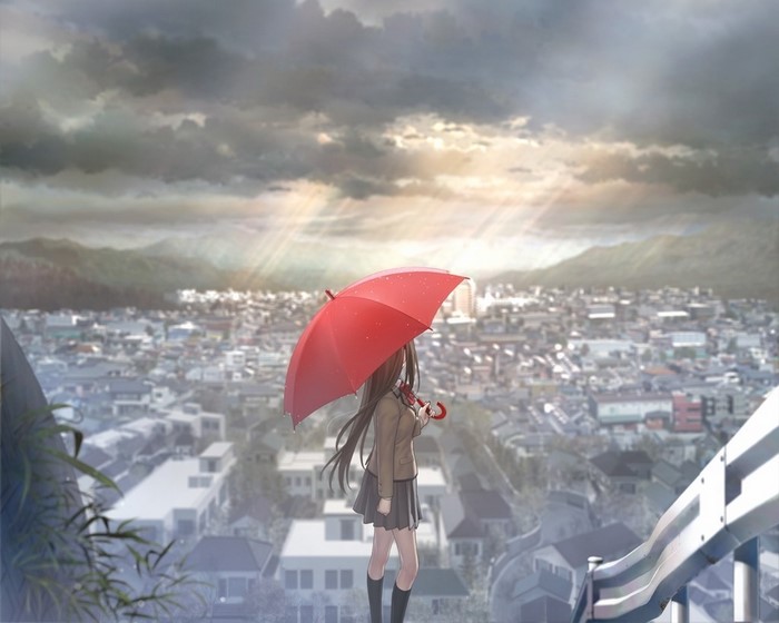 Anime girl with red umbrella overlooking city
