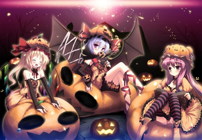 Anime girls in Halloween costumes on pumpkins